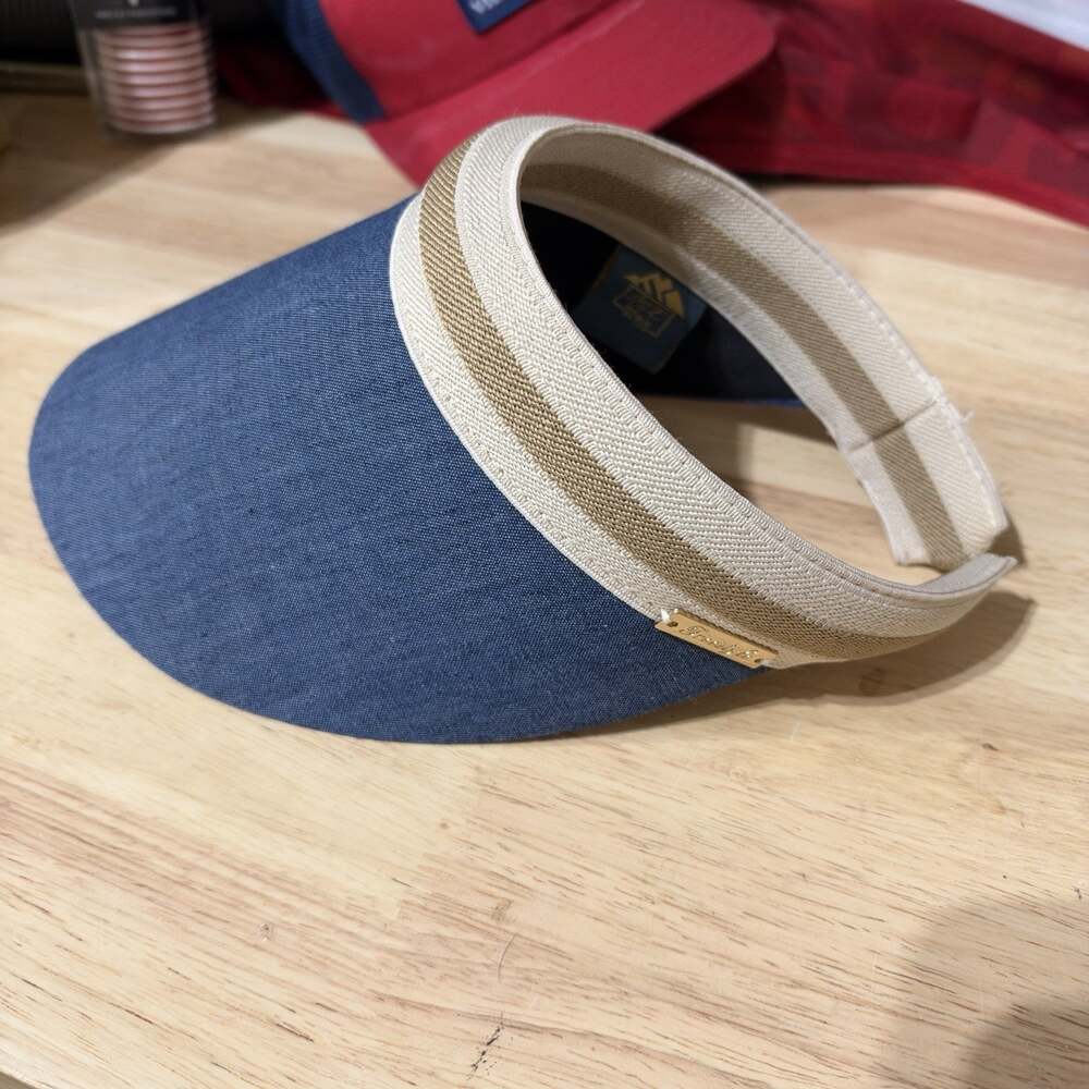 Freestyle USA Women’s Canvas Sun Visor Navy Blue Tan Stripe Gold Accent OSFM